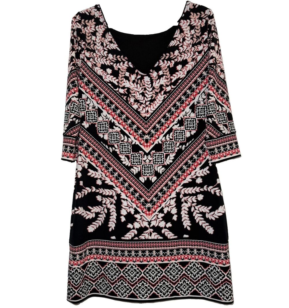White House Black Market Black Pink Print Sheath Dress 3/4 Sleeve Stretch Lined